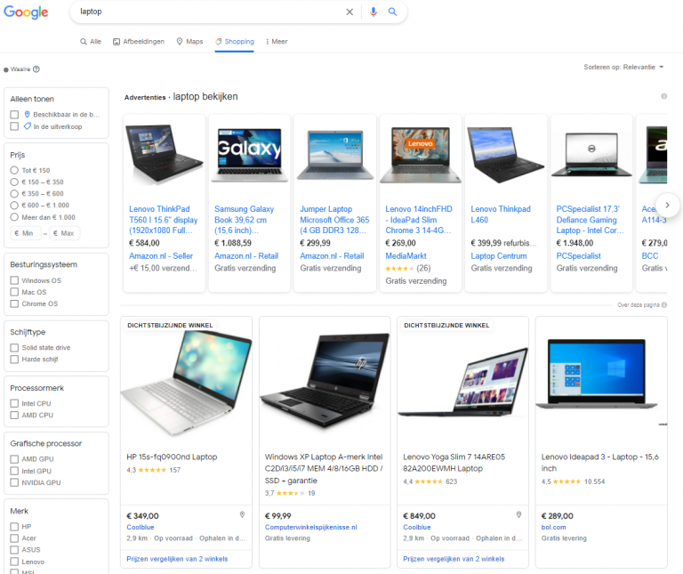 Voorbeeld Google Shopping advertenties in de Google zoekresultaten